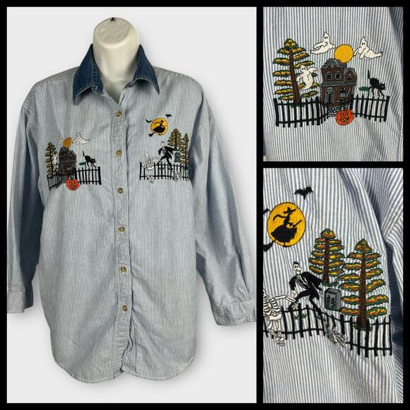 Womens Solutions Medium Striped Halloween Haunted House Embroidered Blouse Top - Picture 1 of 6